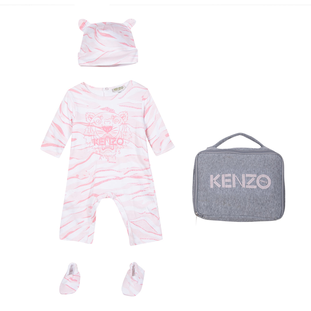 Kenzo KK99597 Babysuit With Hat and Footie In Pink