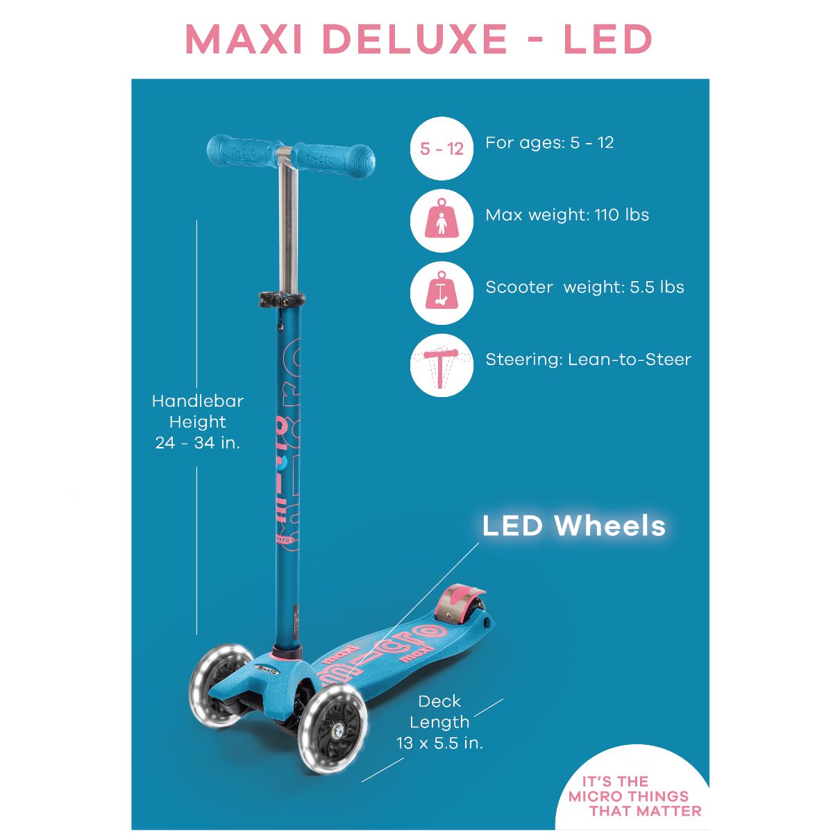 >Micro Kids Maxi Deluxe LED Scooter Age 5-12 (more colors)