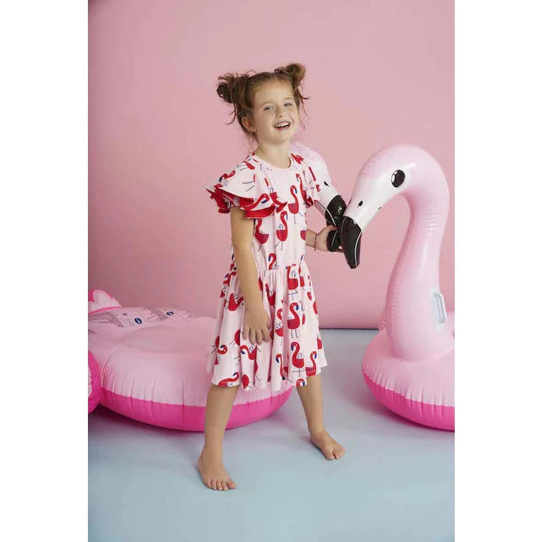 Kukukid Kids Pompom Dress in Pink Flamingos