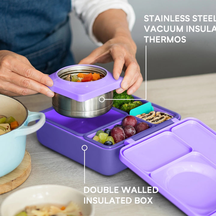 >OmieBox Lunch Box with Fork, Spoon + Pod Set (Purple Plum)