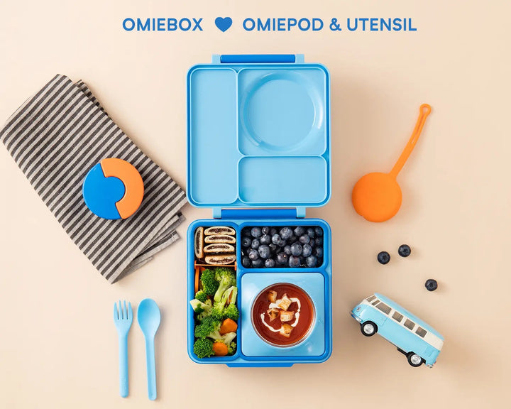 OmieBox Lunch Box with Fork, Spoon + Pod Set (Blue Sky)