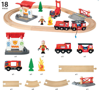 >BRIO 33815 Rescue Firefighter Set | 18 Piece Train Toy with a Fire Truck, Accessories and Wooden Tracks for Ages 3 and Up