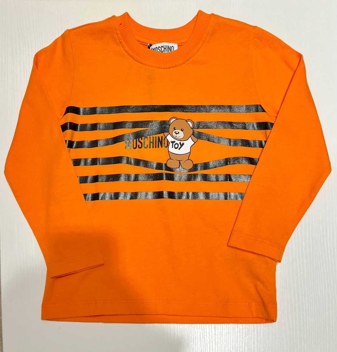 Moschino Kids Long Sleeve Tee Shirt with Striped Logo Bear - Orange