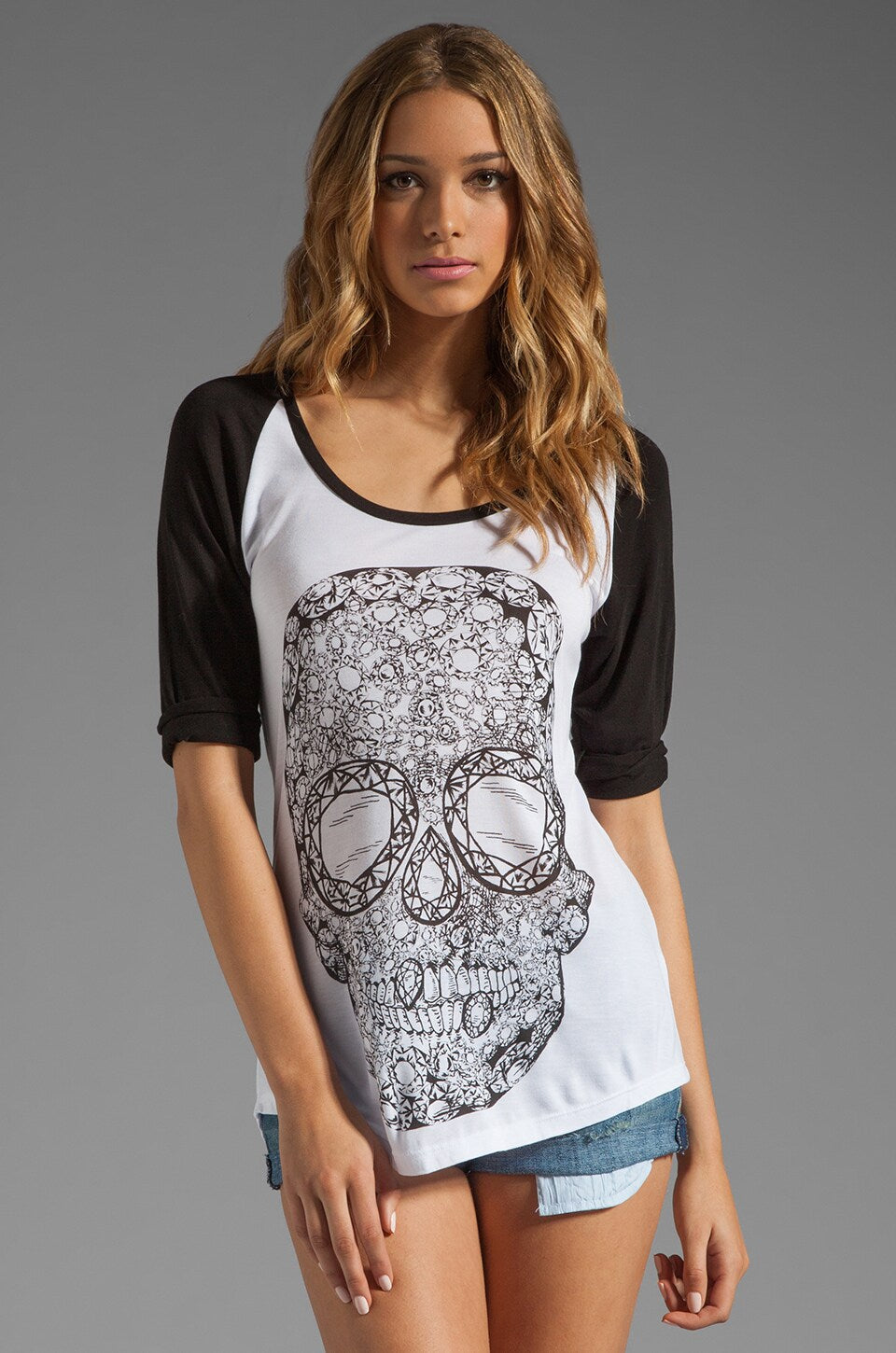 >Lauren Moshi Women's FRANKIE 3/4 Ragla Baseball Tee Diamond Skull White/Black