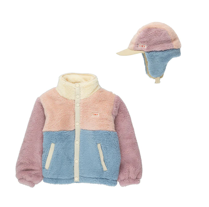 TINYCOTTONS Kids Color Block Polar Sherpa Chapka Winter Hat - Grey/Soft Pink