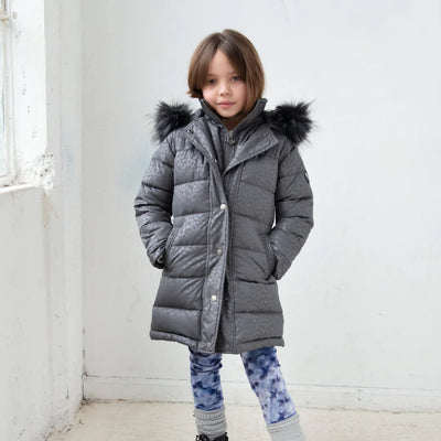 APPAMAN Girl Long Down Winter Coat in Grey Leopard