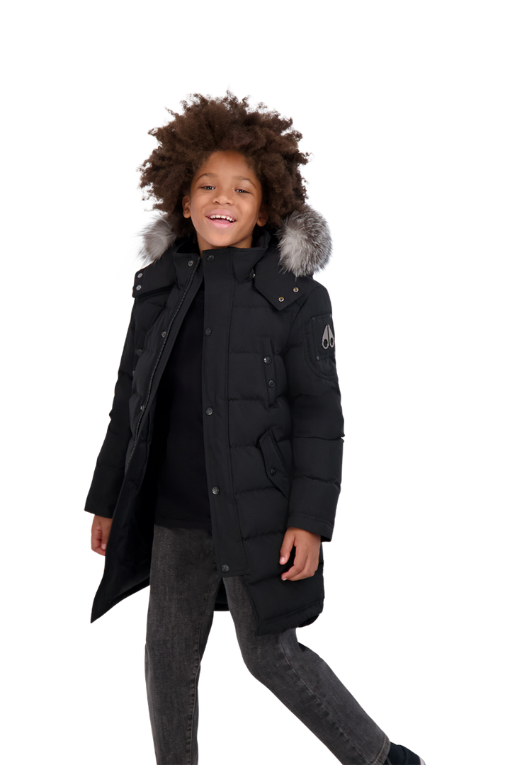 Moose Knuckles Kids Unisex Winter Jacket Parka in Black / Black Frost Fox Fur