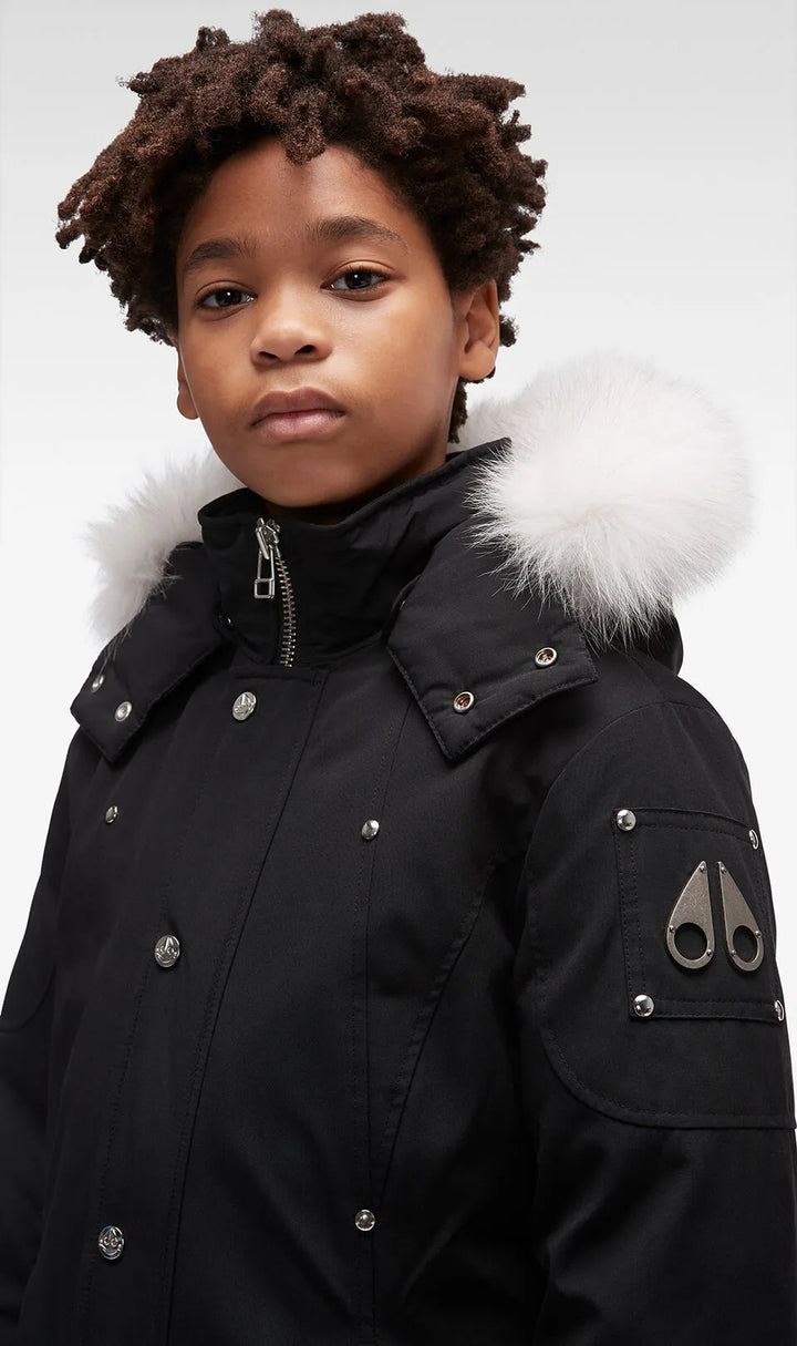 Moose Knuckles Kids Unisex Original Parka Winter Coat in Black / Natural Fox Fur