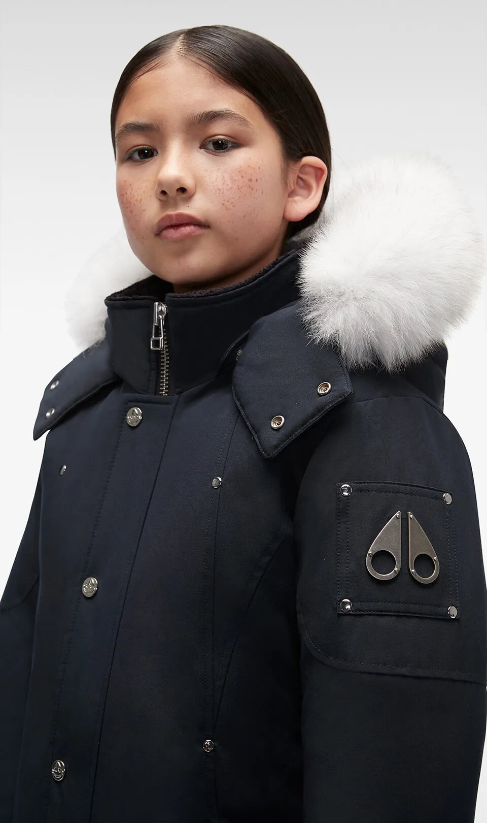 Moose Knuckles Kids Unisex Original Parka Winter Coat in Navy / Natural Fox Fur