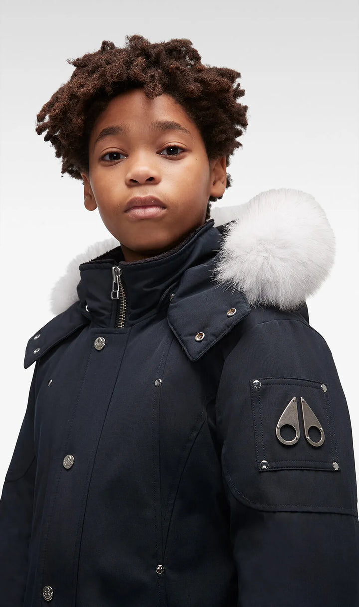 Moose Knuckles Kids Unisex Original Parka Winter Coat in Navy / Natural Fox Fur