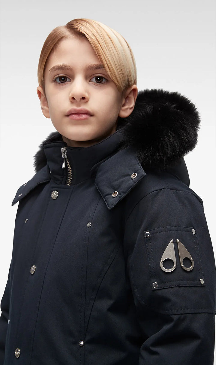 Moose Knuckles Kids Unisex Original Parka Winter Coat in Navy / Black Fox Fur