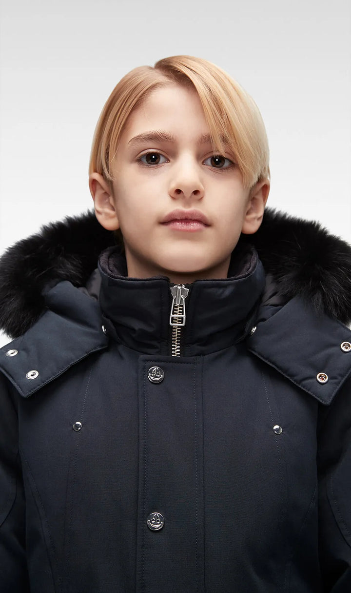 Moose Knuckles Kids Unisex Original Parka Winter Coat in Navy / Black Fox Fur