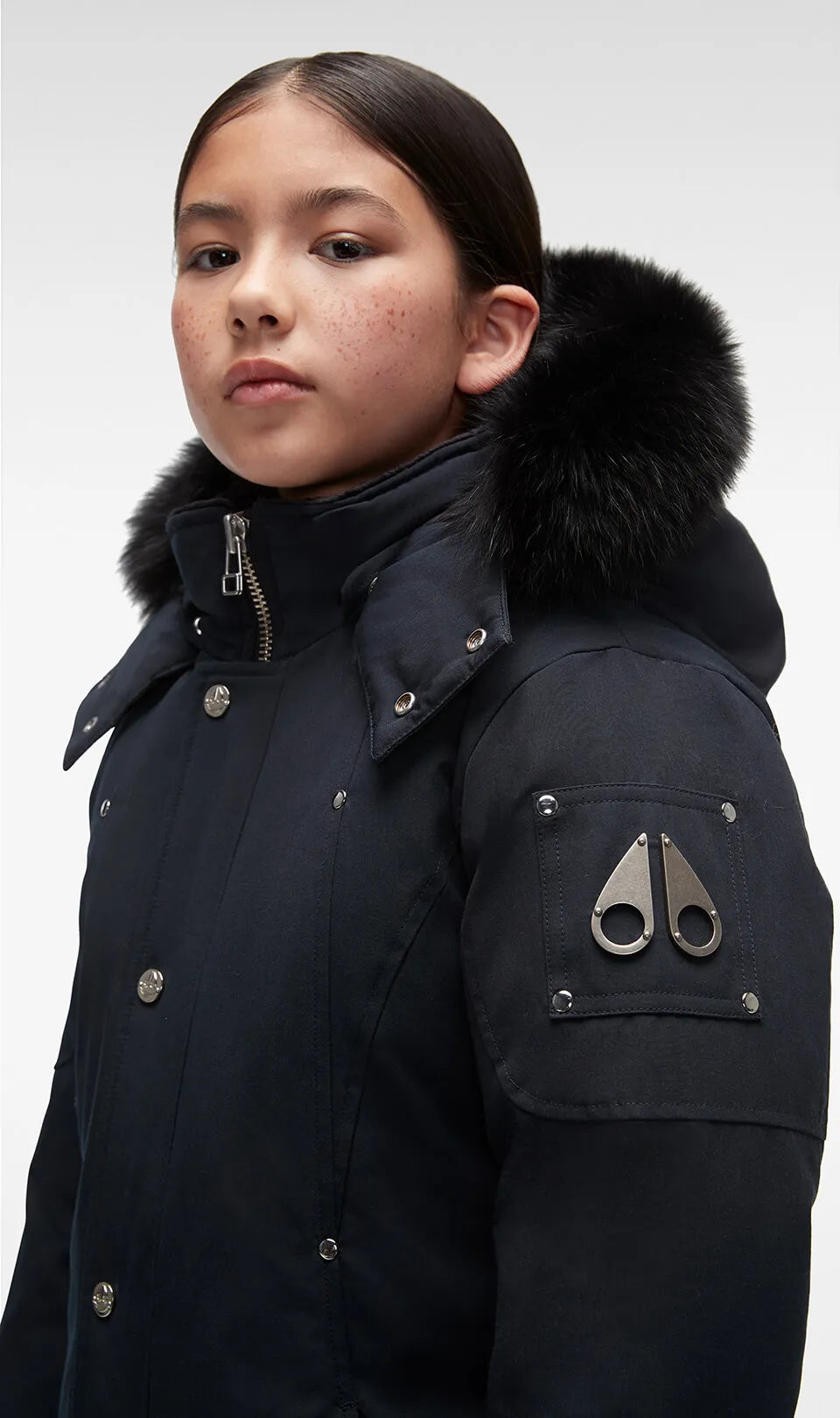 Moose Knuckles Kids Unisex Original Parka Winter Coat in Navy / Black Fox Fur