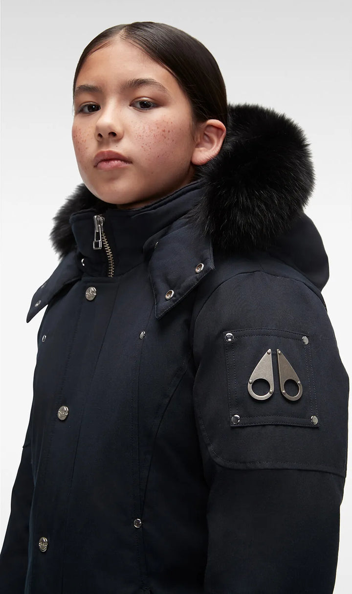 Moose Knuckles Kids Unisex Original Parka Winter Coat in Navy / Black Fox Fur