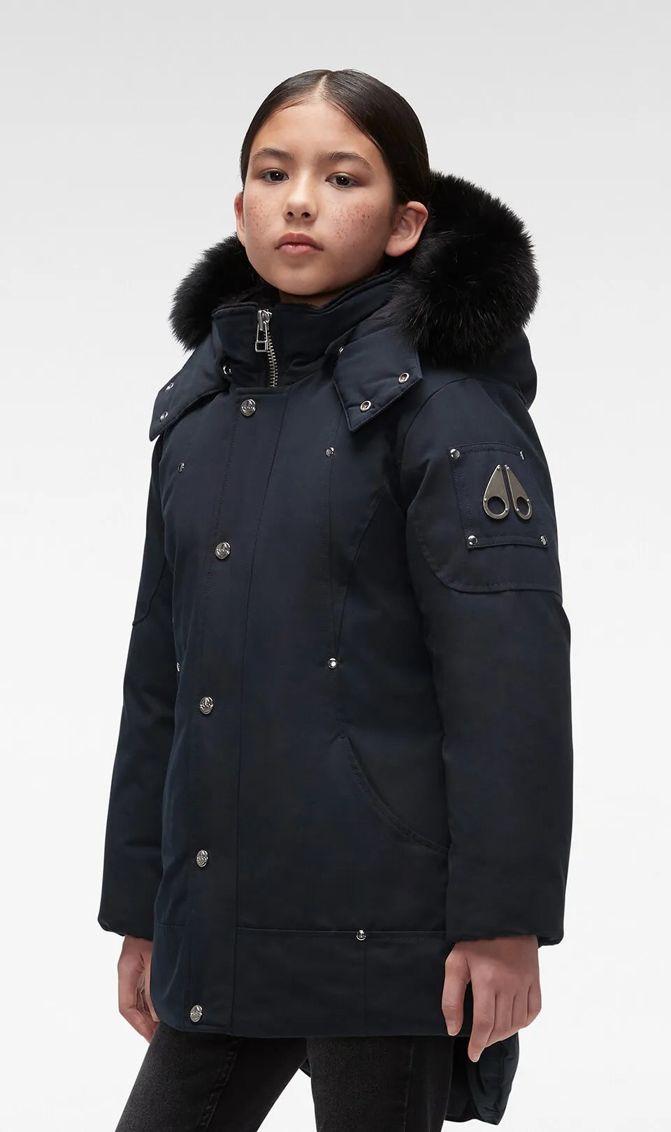 Moose Knuckles Kids Unisex Original Parka Winter Coat in Navy / Black Fox Fur