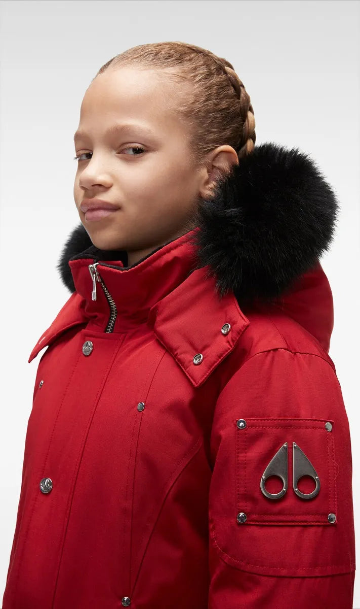 Moose Knuckles Kids Unisex Original Parka Winter Coat in Deep Red / Black Fox Fur