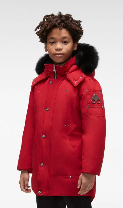 Moose Knuckles Kids Unisex Original Parka Winter Coat in Deep Red / Black Fox Fur