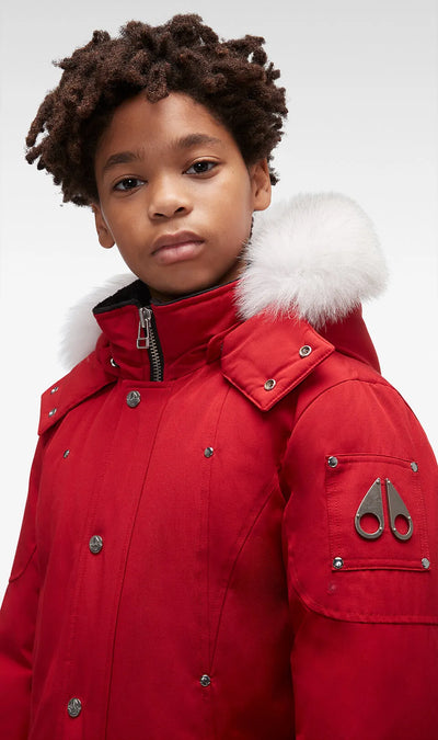 Moose Knuckles Kids Unisex Original Parka Winter Coat in Deep Red / Natural Fur Parka