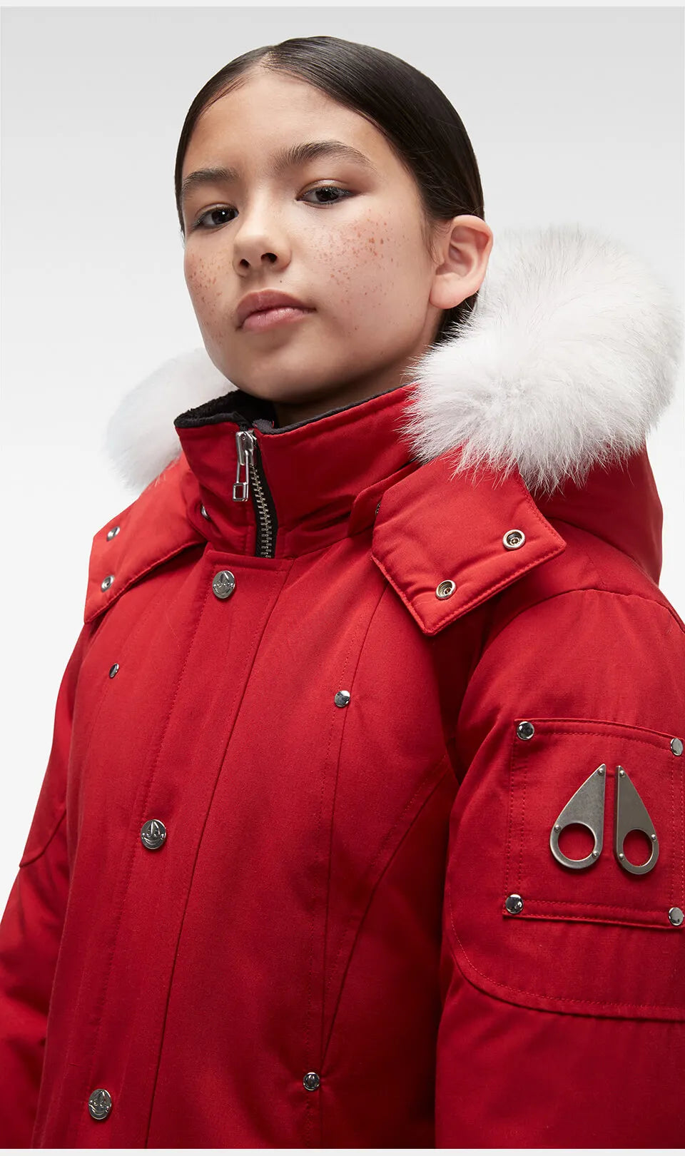 Moose Knuckles Kids Unisex Original Parka Winter Coat in Deep Red / Natural Fur Parka