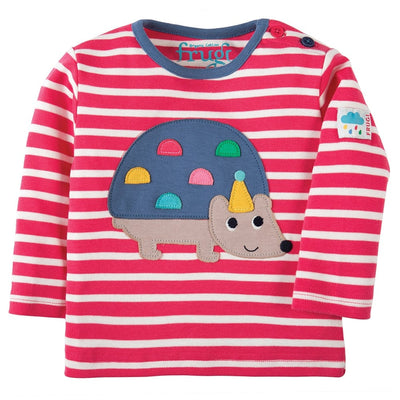Frugi Baby's Button Applique Top in Raspberry with Hedgehog