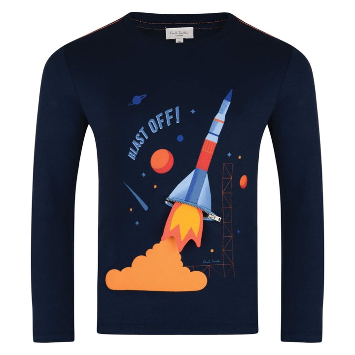 Paul Smith Boys Navy Blue T-Shirt With Blue Rocket, Flame Print And Zip Detailing