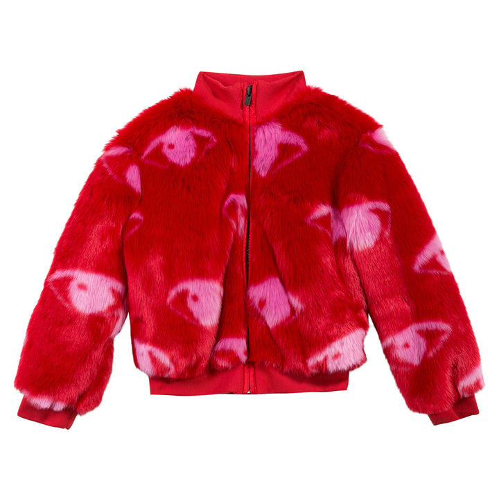 Kenzo Kids Girl Red Eye Print Faux Fur Bomber Jacket