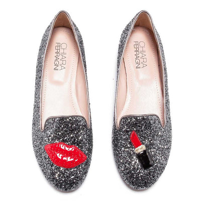 Chiara Ferragni Women's Dark Silver Glitter Red Lips & Lipstick Make up Flat
