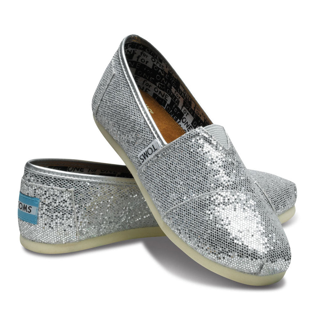 TOMS Kids Youth Glitter Silver Slip On Shoes