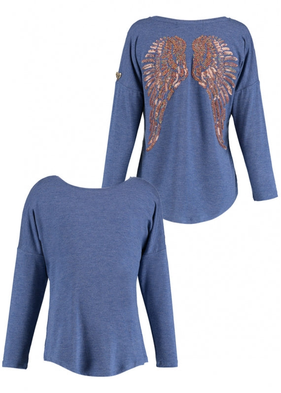 Angel's Face Girls Long Sleeve Slouch Wings Sequin Top - Denim Blue