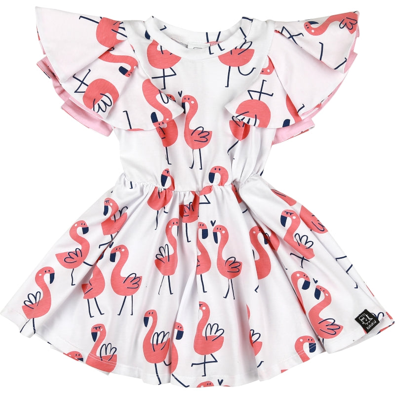 Kukukid Kids Girl Pompom Dress in White Flamingos