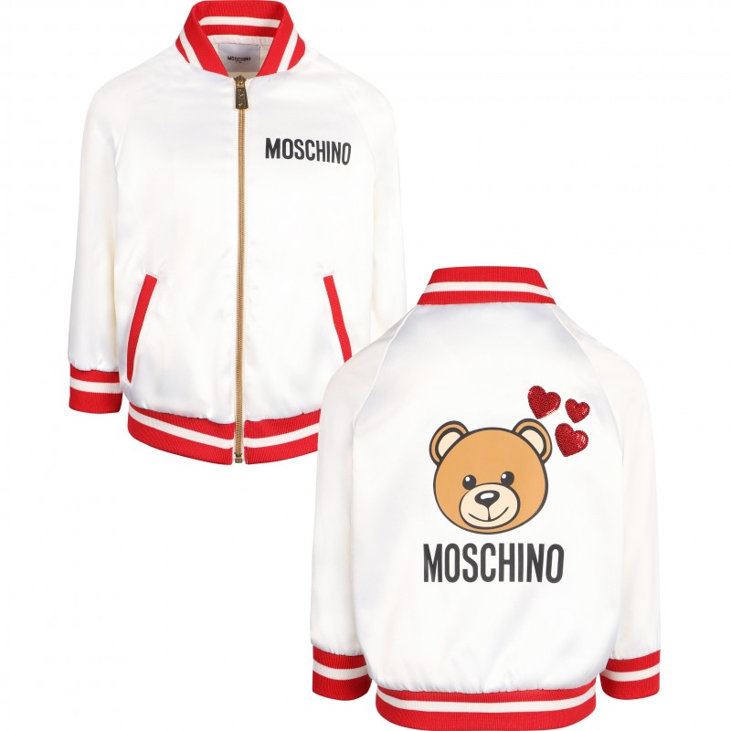 Moschino Girls Satin Bomber Toy Bear Graphic Jacket White